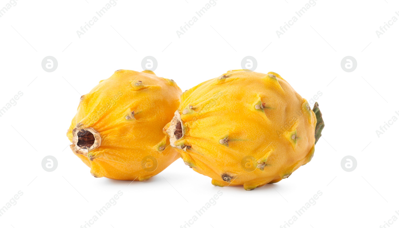 Photo of Delicious yellow dragon fruits (pitahaya) on white background