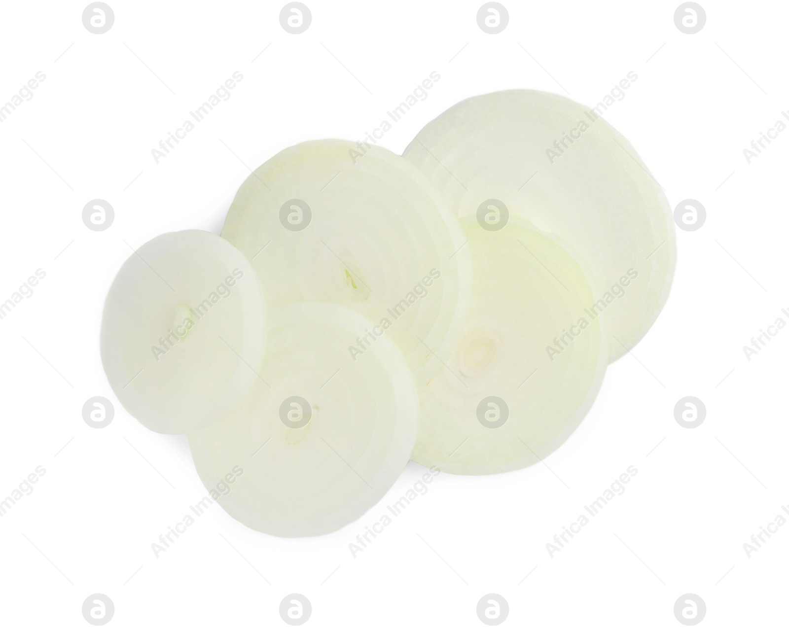 Photo of Slices of raw onion on white background, top view