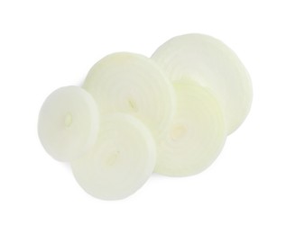 Slices of raw onion on white background, top view