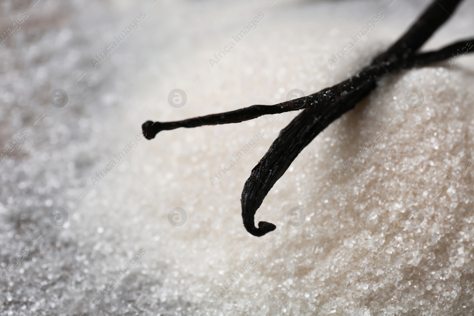 Photo of Vanilla sugar and sticks on table, closeup