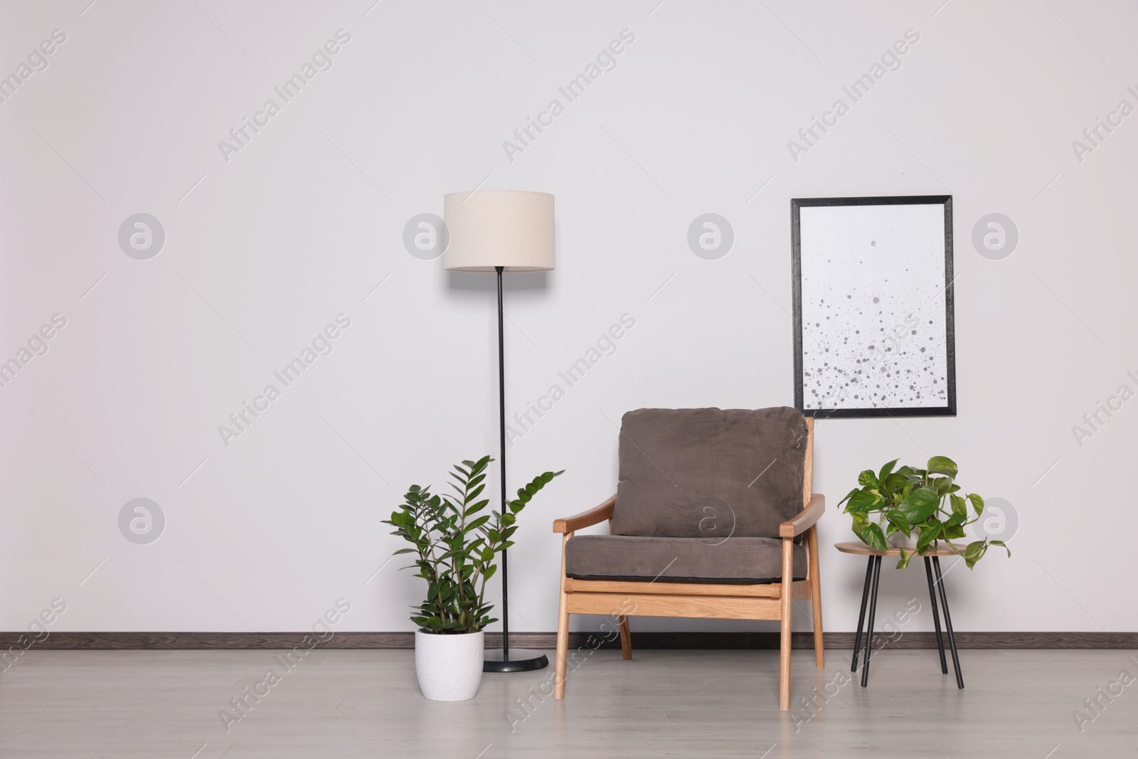 Photo of Stylish armchair, floor lamp and plants near white wall, space for text. Interior design