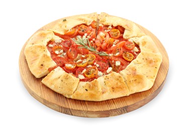 Photo of Tasty galette with tomato, rosemary and cheese (Caprese galette) isolated on white