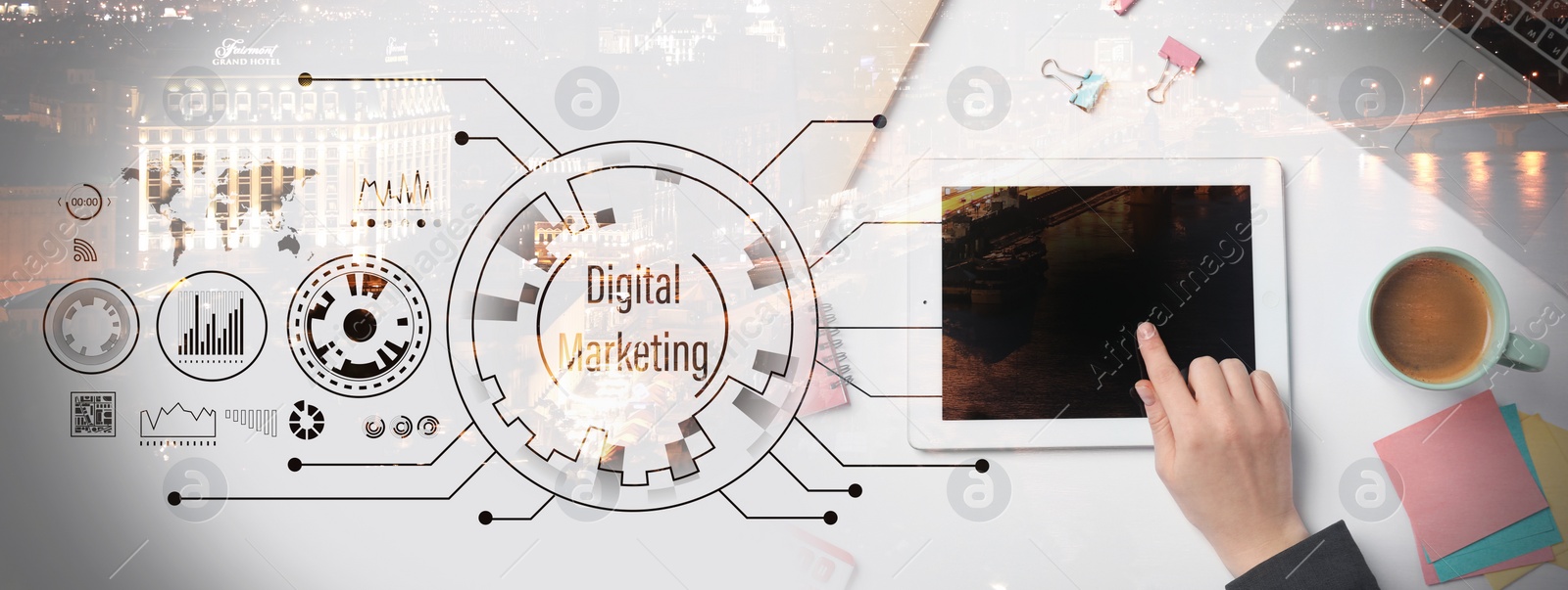 Image of Multiple exposure of woman working on tablet, cityscape and scheme with text DIGITAL MARKETING, top view. Banner design 