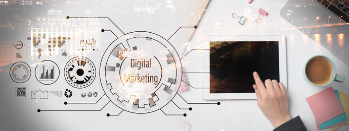 Image of Multiple exposure of woman working on tablet, cityscape and scheme with text DIGITAL MARKETING, top view. Banner design 