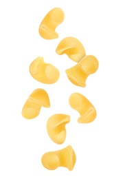 Image of Raw horns pasta flying on white background