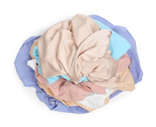 Photo of Pile of clothes isolated on white, top view