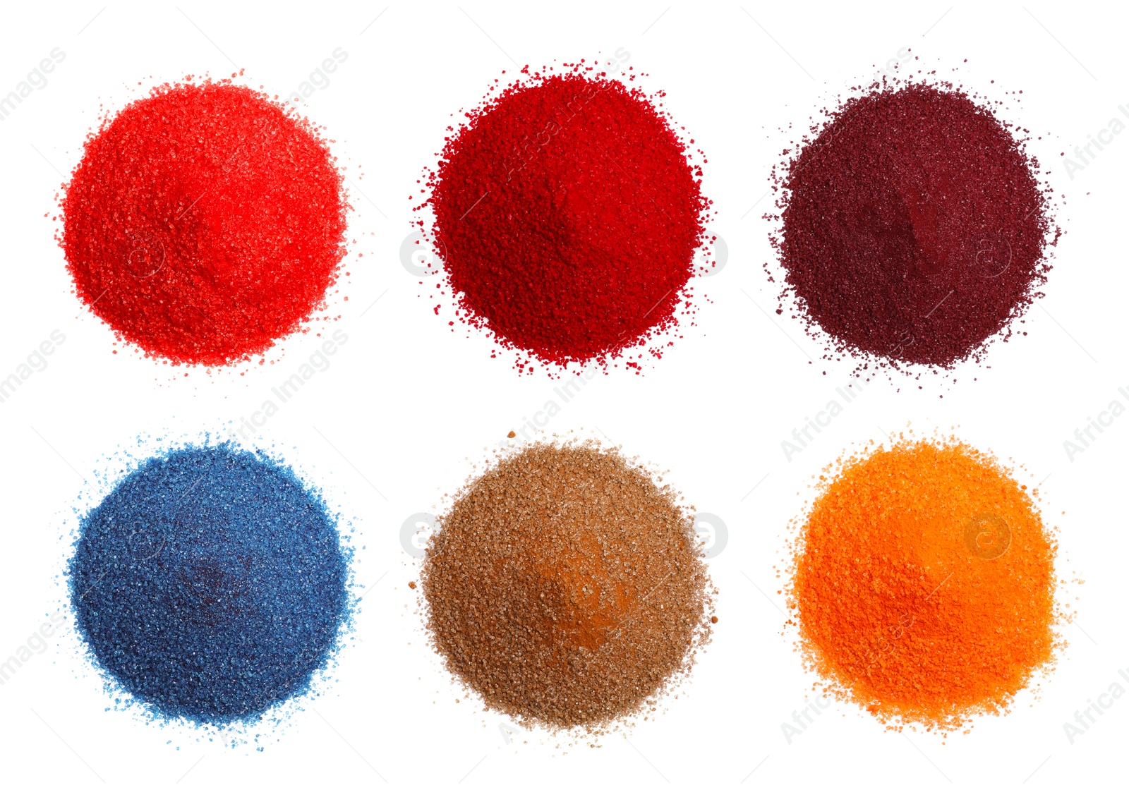 Image of Heaps of different powdered food coloring isolated on white, top view