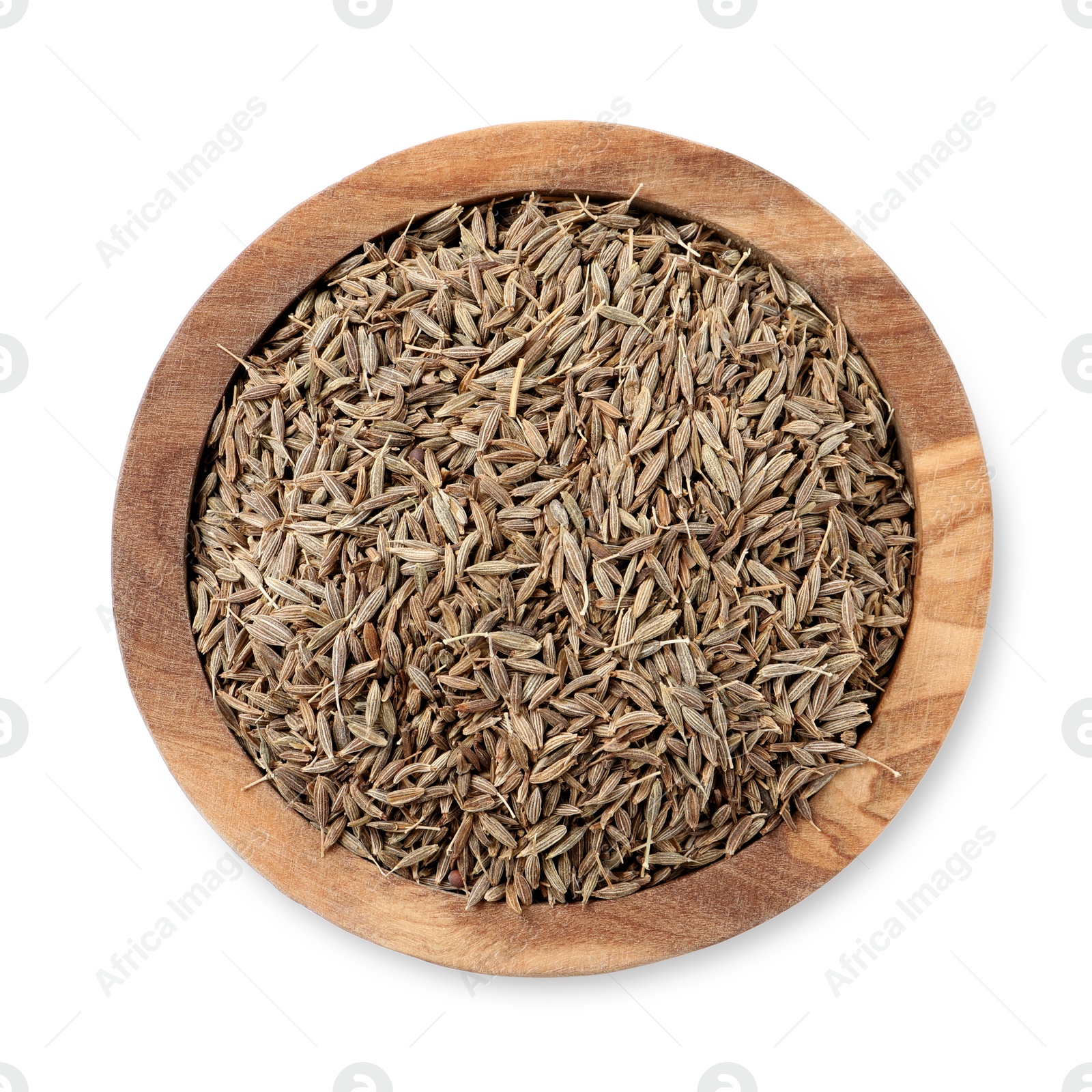 Photo of Bowl of aromatic caraway (Persian cumin) seeds isolated on white, top view