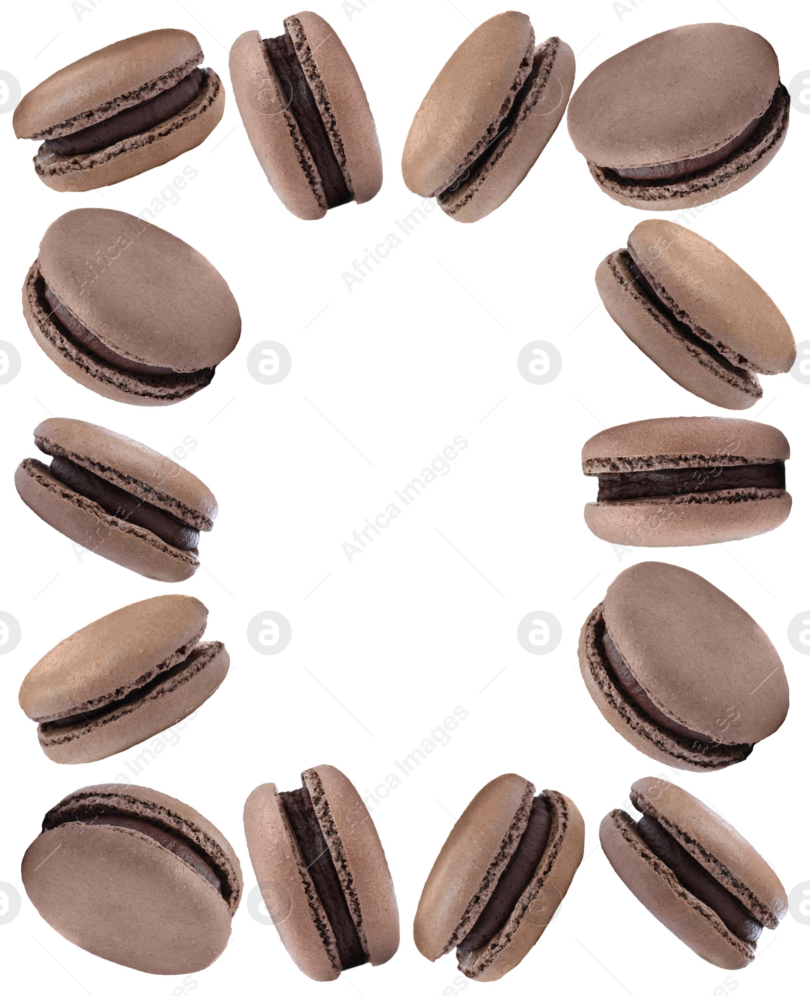 Image of Frame made of delicious macarons on white background