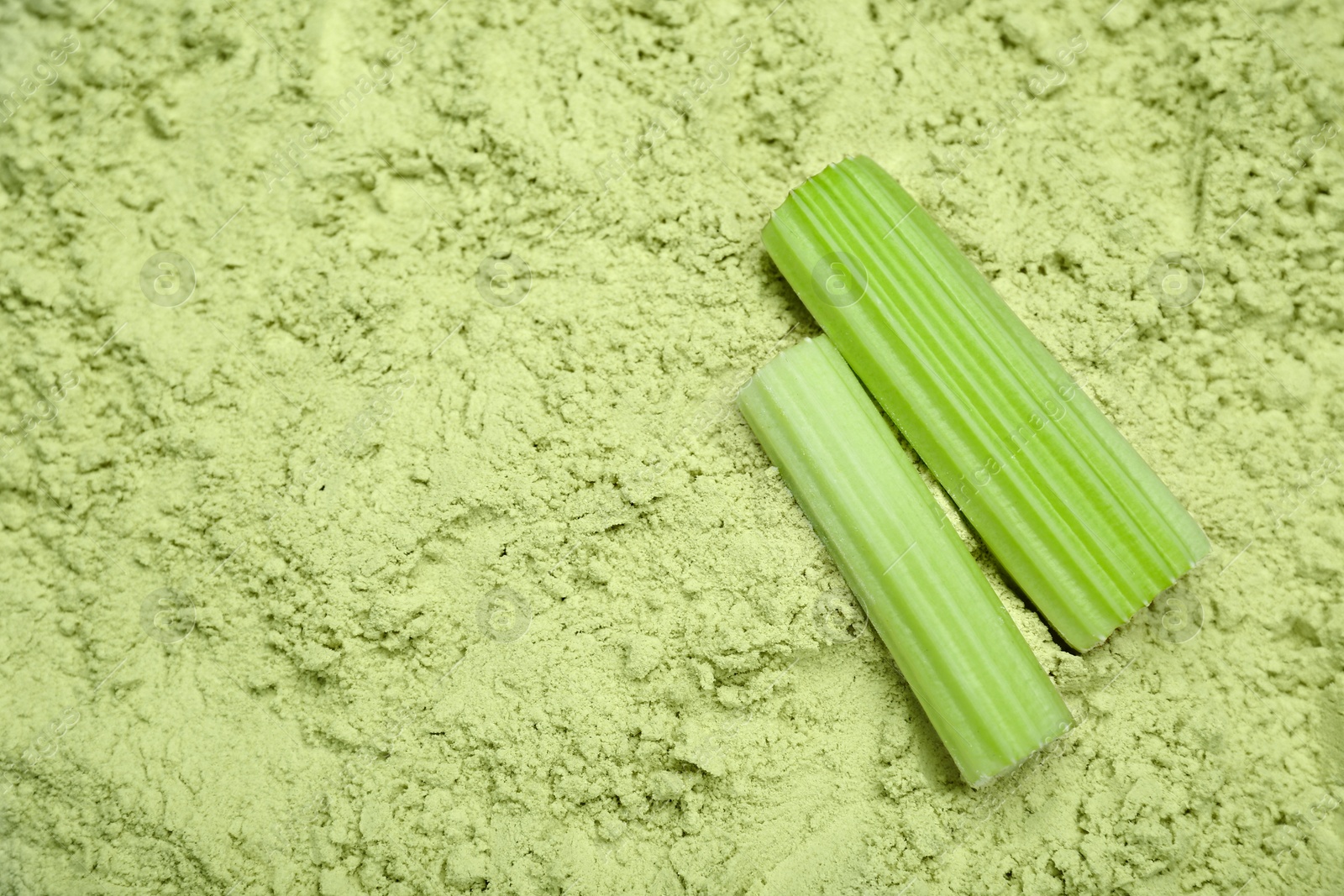 Photo of Fresh stalks on natural celery powder, above view. Space for text