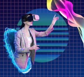 Image of Metaverse. Woman walking through cyber portal during simulated experience using virtual reality headset. Illustration of immersion into digital space