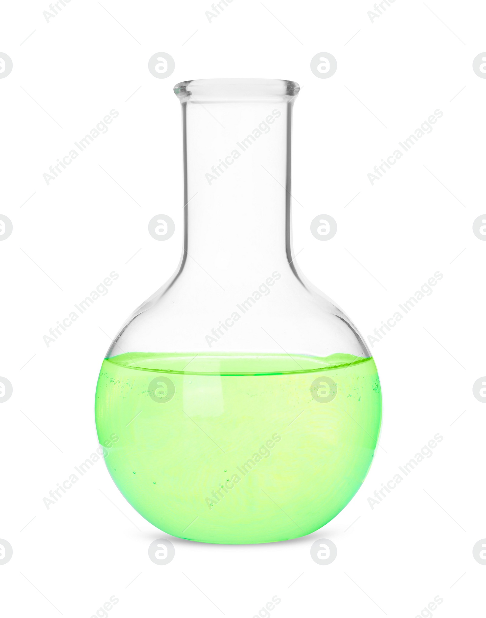 Photo of Glass flask with light green liquid isolated on white