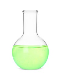 Photo of Glass flask with light green liquid isolated on white