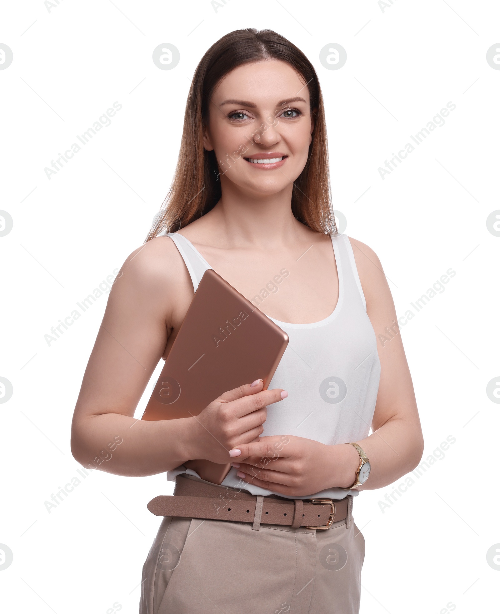 Photo of Beautiful happy businesswoman with tablet on white background