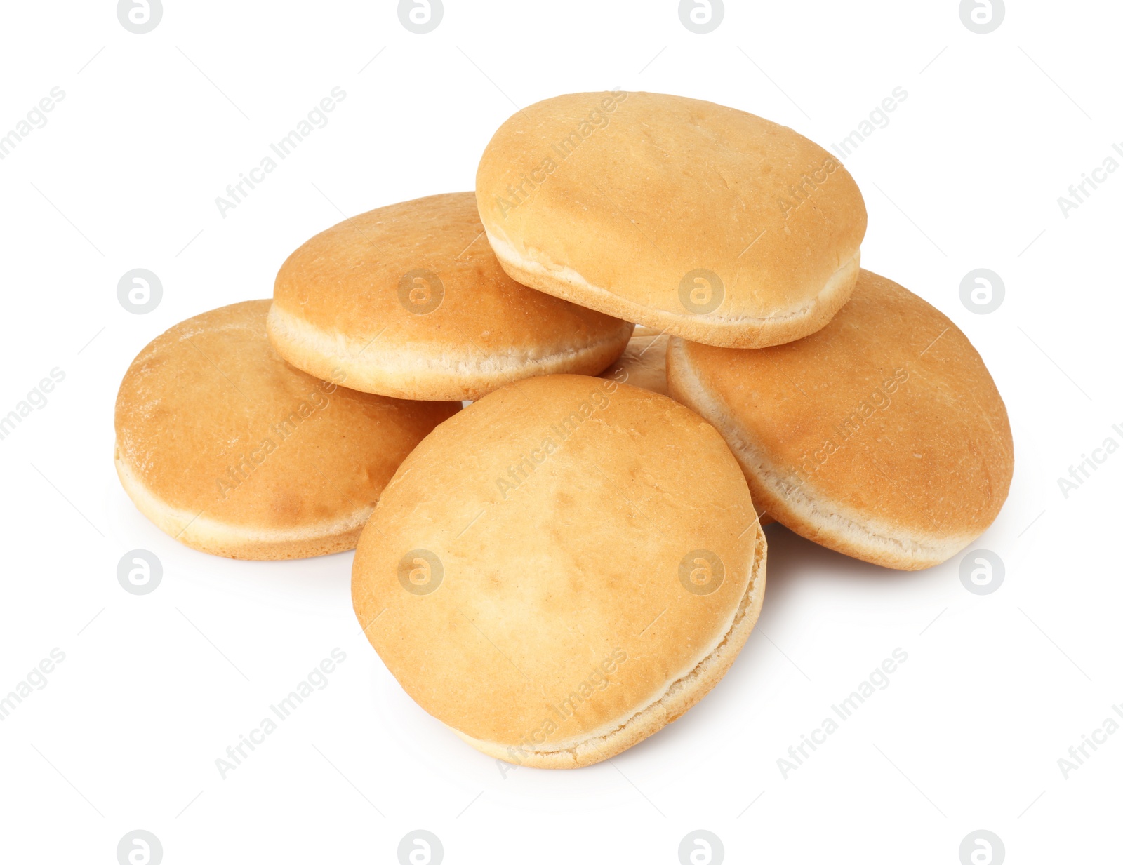 Photo of Many fresh burger buns isolated on white