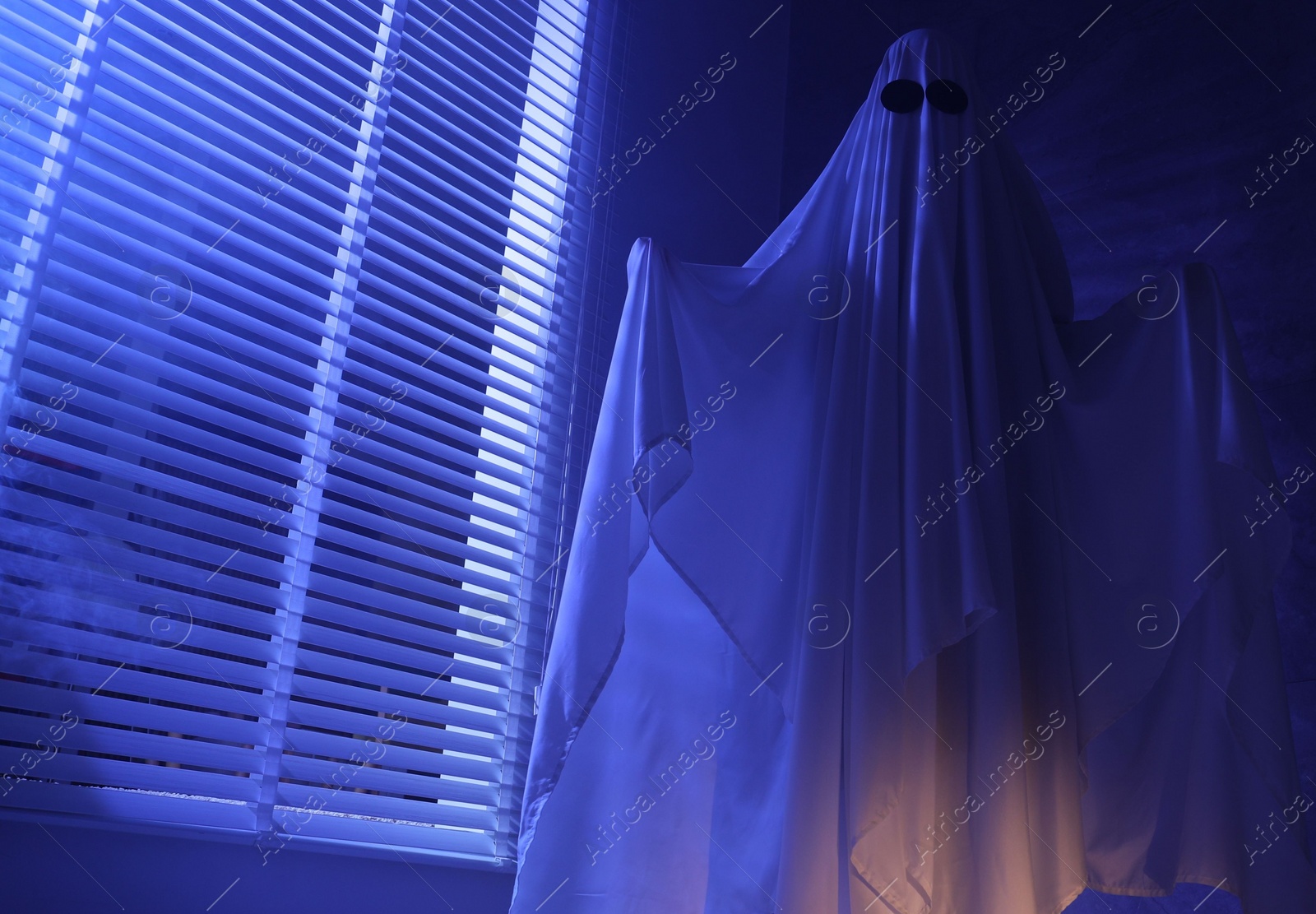 Photo of Creepy ghost. Woman covered with sheet near window in blue light, low angle view