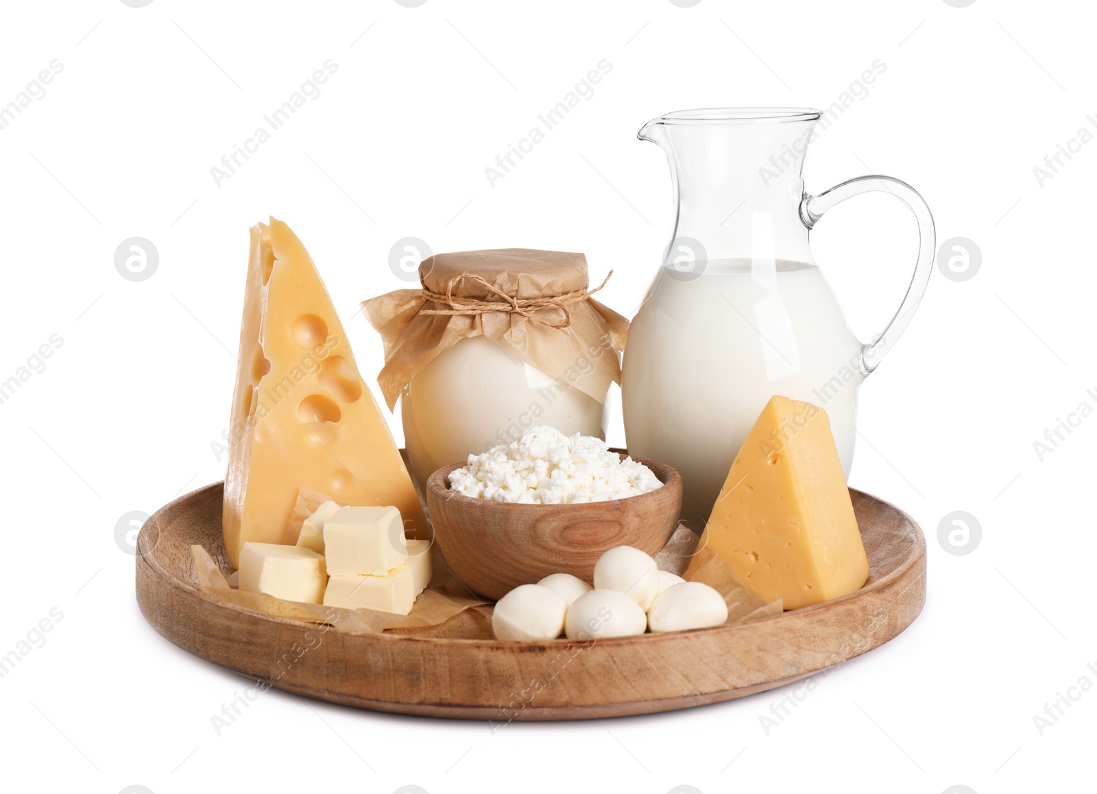 Photo of Set of different dairy products isolated on white