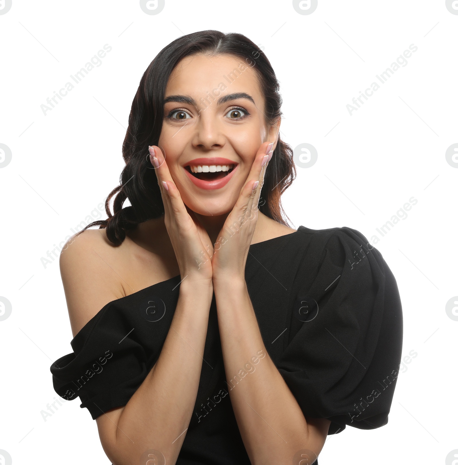 Photo of Portrait of surprised woman on white background