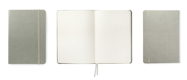 Image of Set with light grey notebooks on white background, top view. Banner design