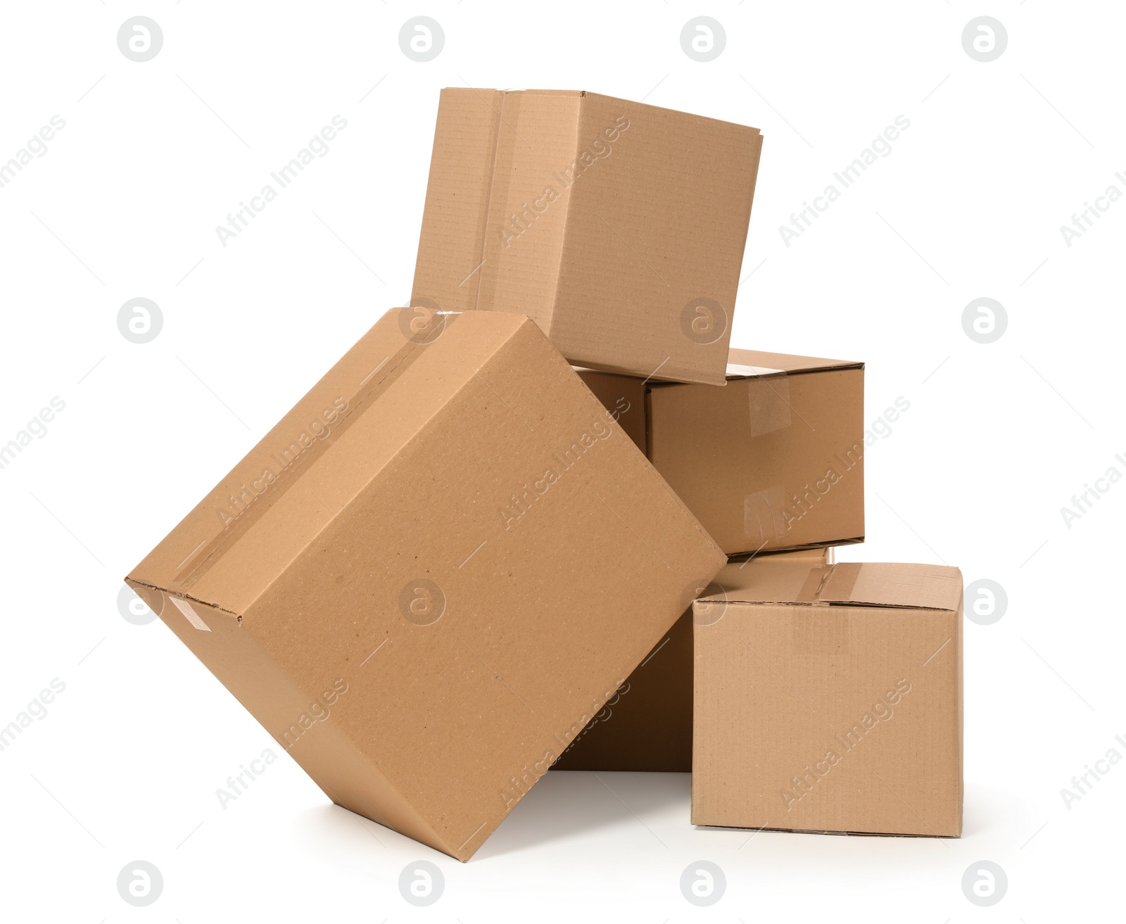 Photo of Many closed cardboard boxes on white background. Delivery service