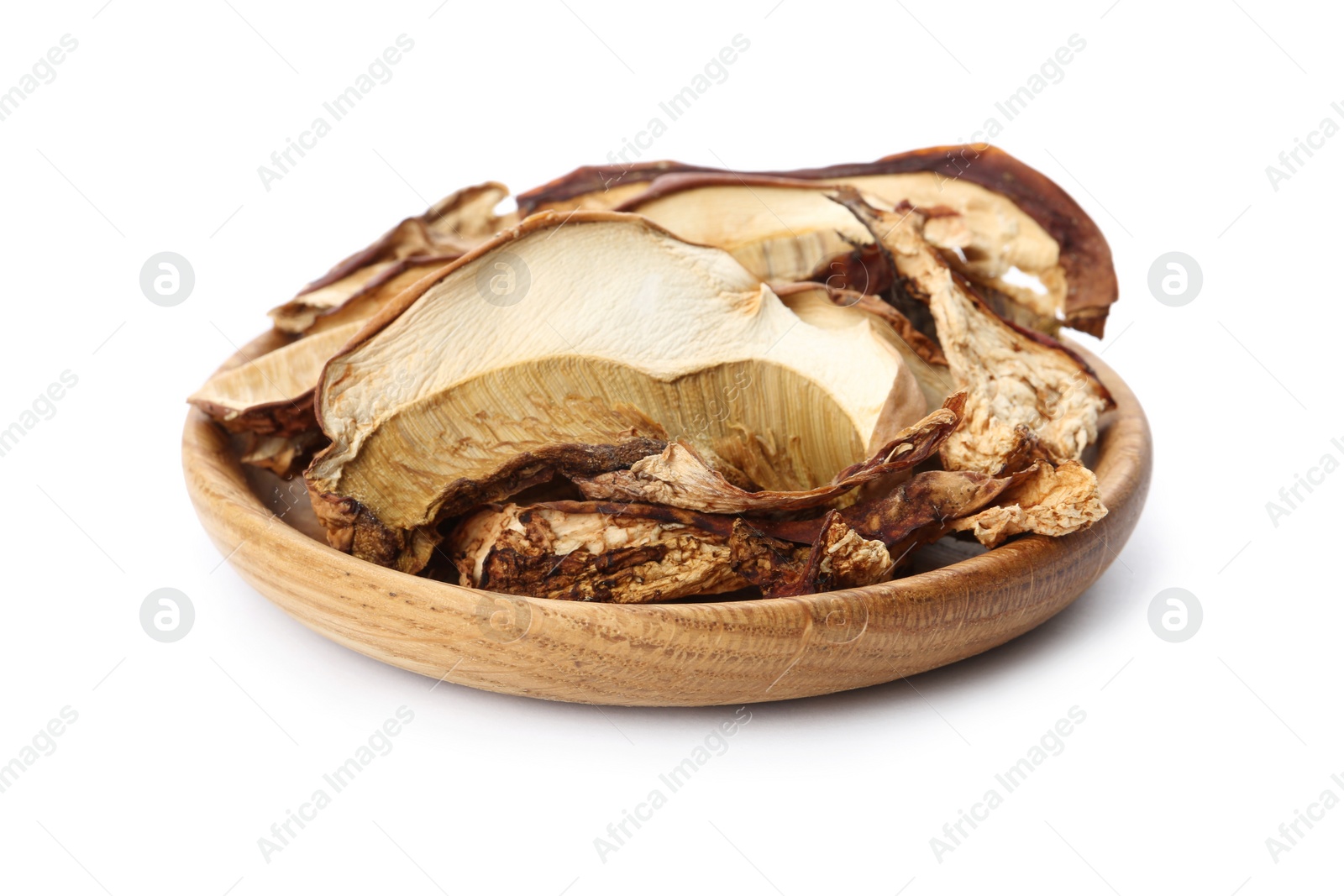 Photo of Plate of tasty dried mushrooms isolated on white