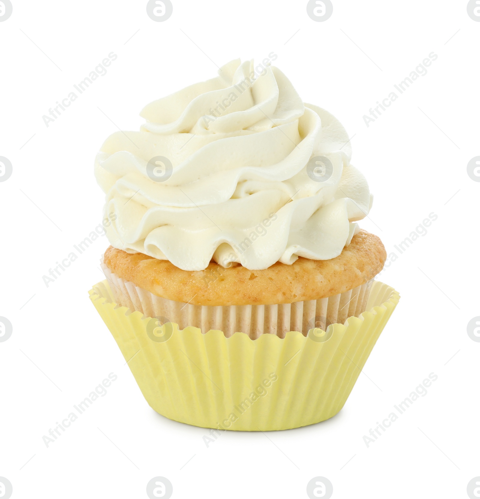 Photo of Tasty vanilla cupcake with cream isolated on white