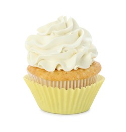 Photo of Tasty vanilla cupcake with cream isolated on white