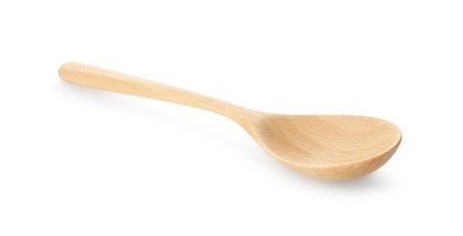 Photo of One empty wooden spoon isolated on white