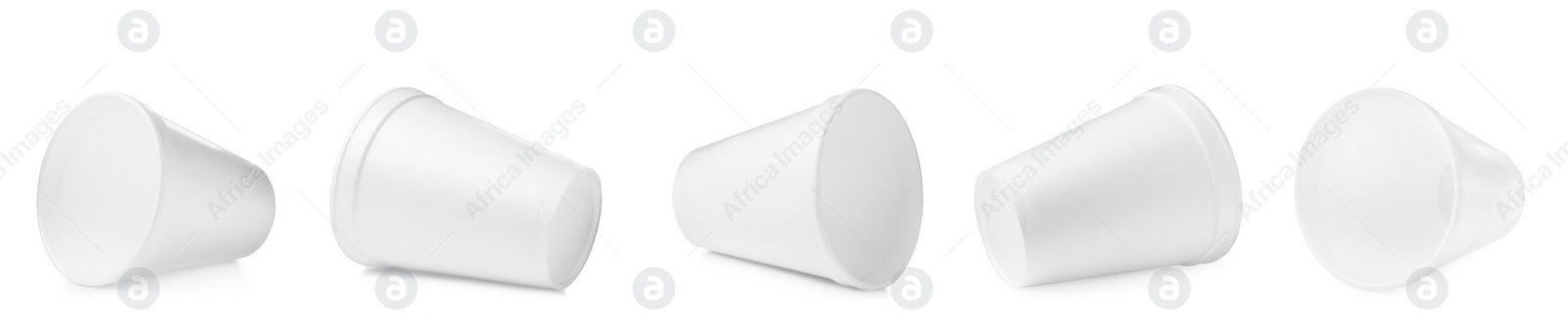 Image of Set with styrofoam cups on white background. Banner design