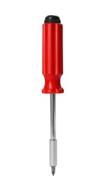 Photo of New screwdriver on white background. Professional construction tool