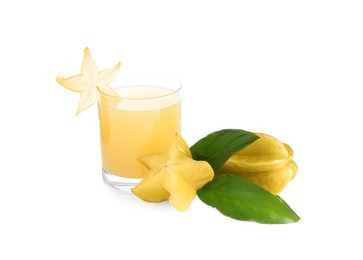 Delicious carambola juice in glass on white background