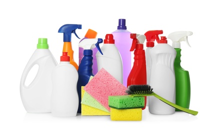 Photo of Different cleaning products and tools on white background