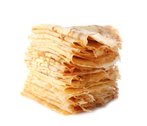 Photo of Stack of tasty thin folded pancakes on white background