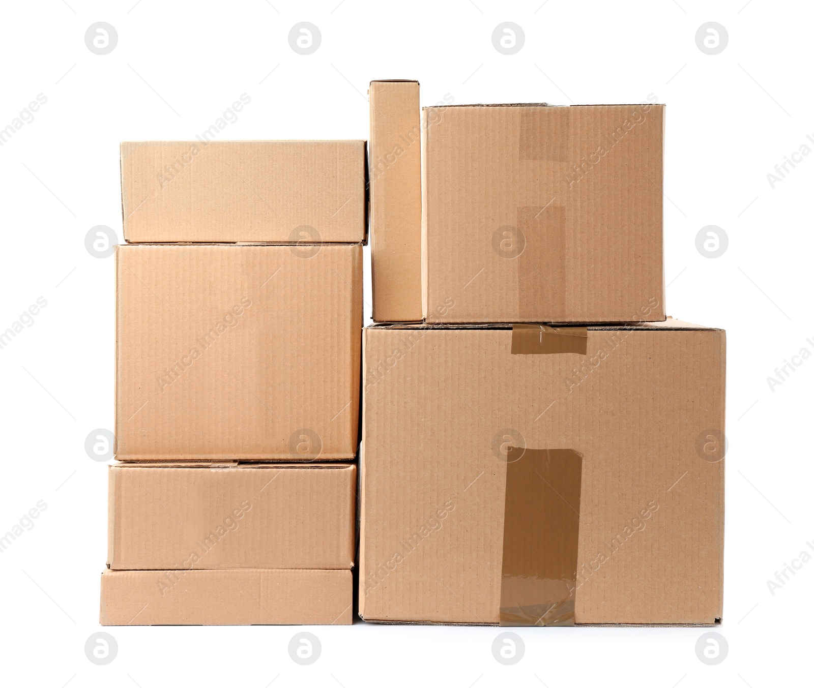 Photo of Pile of cardboard boxes on white background