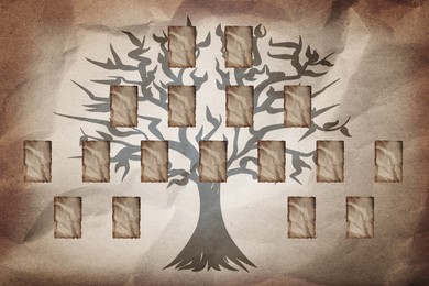 Illustration of Family tree with empty frames for photos in vintage style, illustration. Space for design