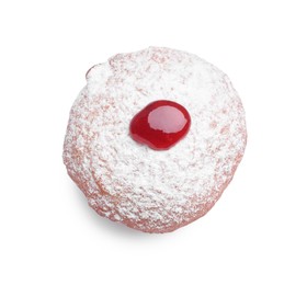Photo of Hanukkah donut with jelly and powdered sugar isolated on white, top view