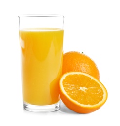 Photo of Glass of orange juice and fresh fruits isolated on white