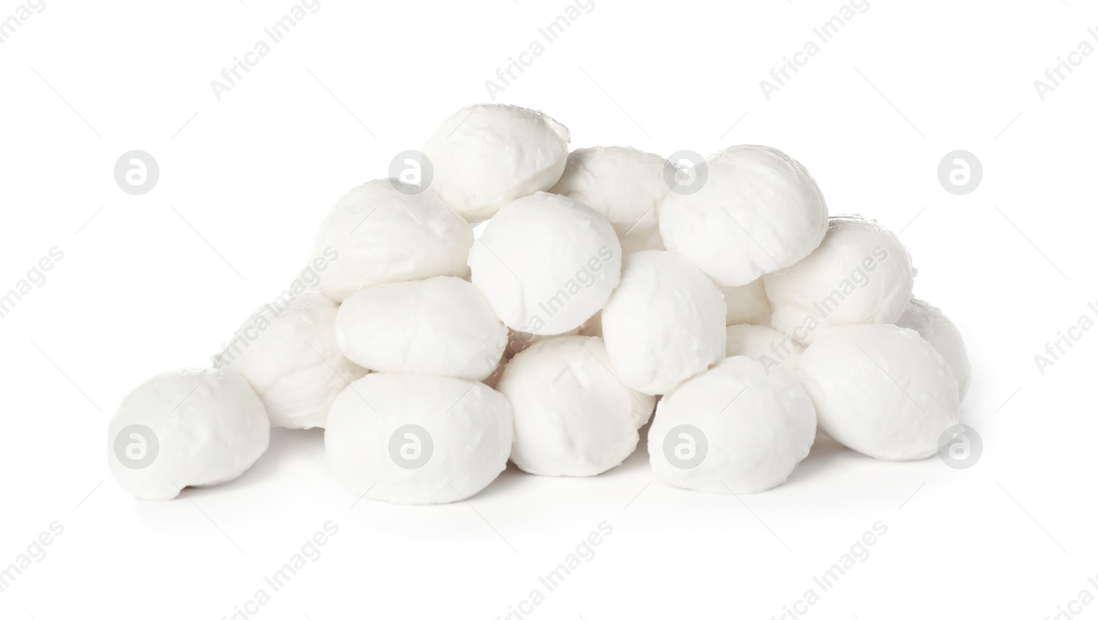 Photo of Pile of mozzarella cheese balls on white background