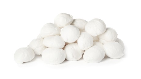 Photo of Pile of mozzarella cheese balls on white background