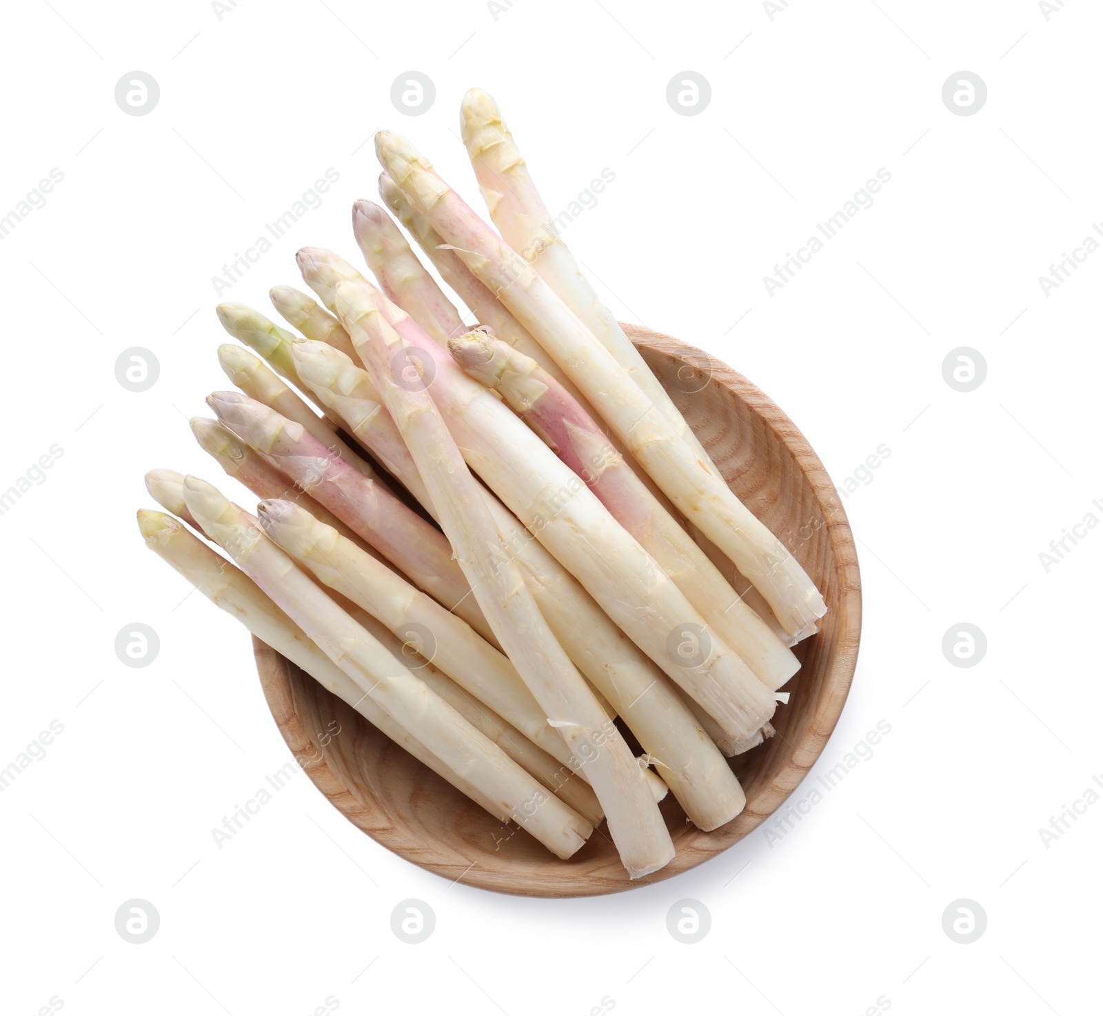 Photo of Fresh raw asparagus isolated on white, top view