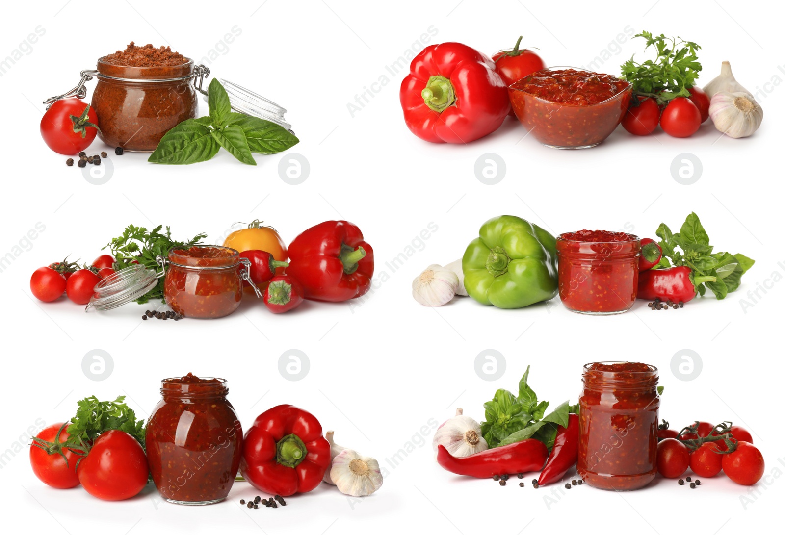 Image of Set with adjika sauce and ingredients on white background 