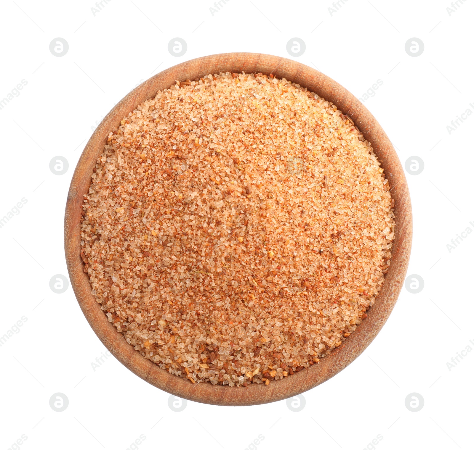 Photo of Pink salt with spices in wooden bowl isolated on white, top view
