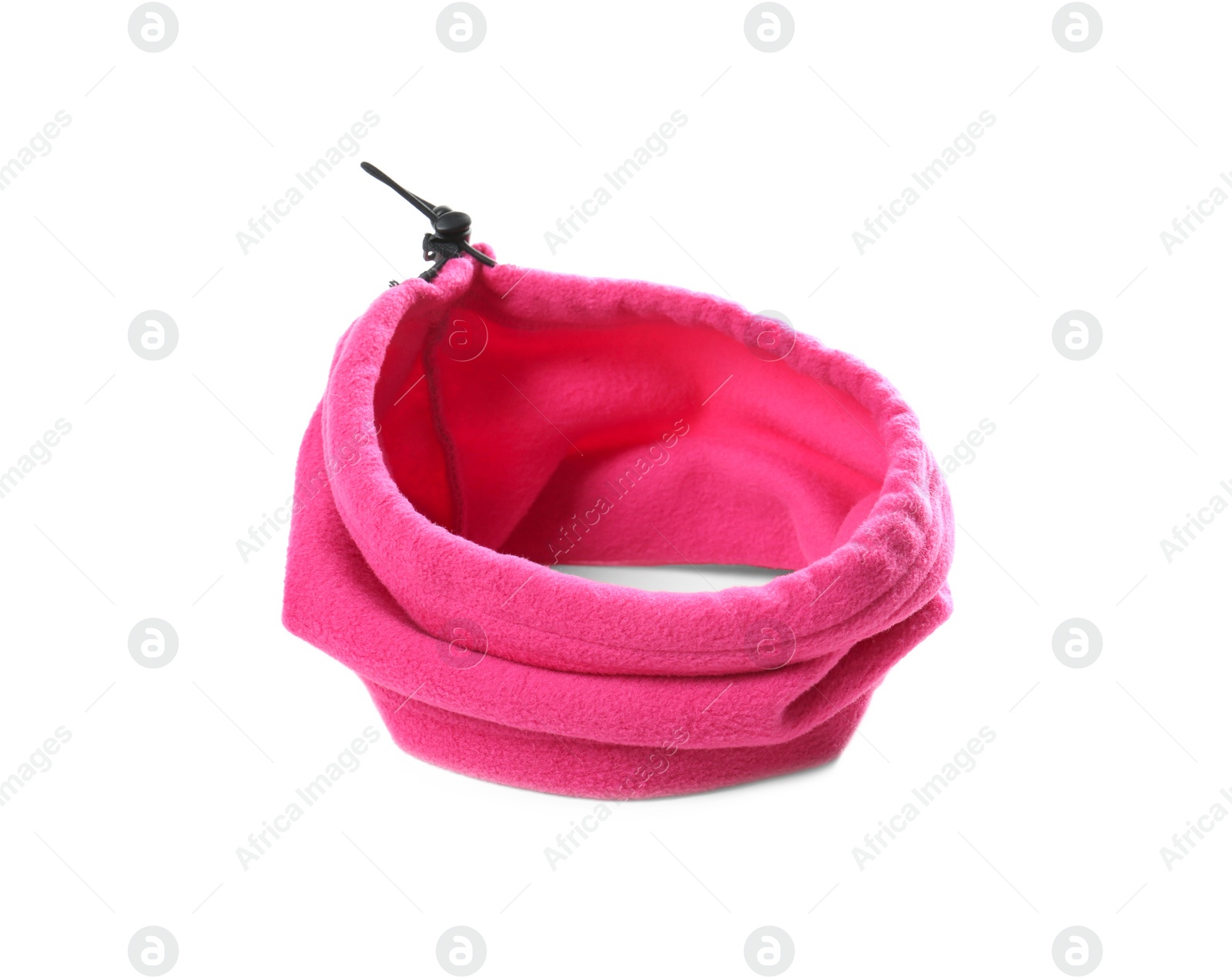 Photo of Soft pink neckwarmer isolated on white. Winter sports clothes