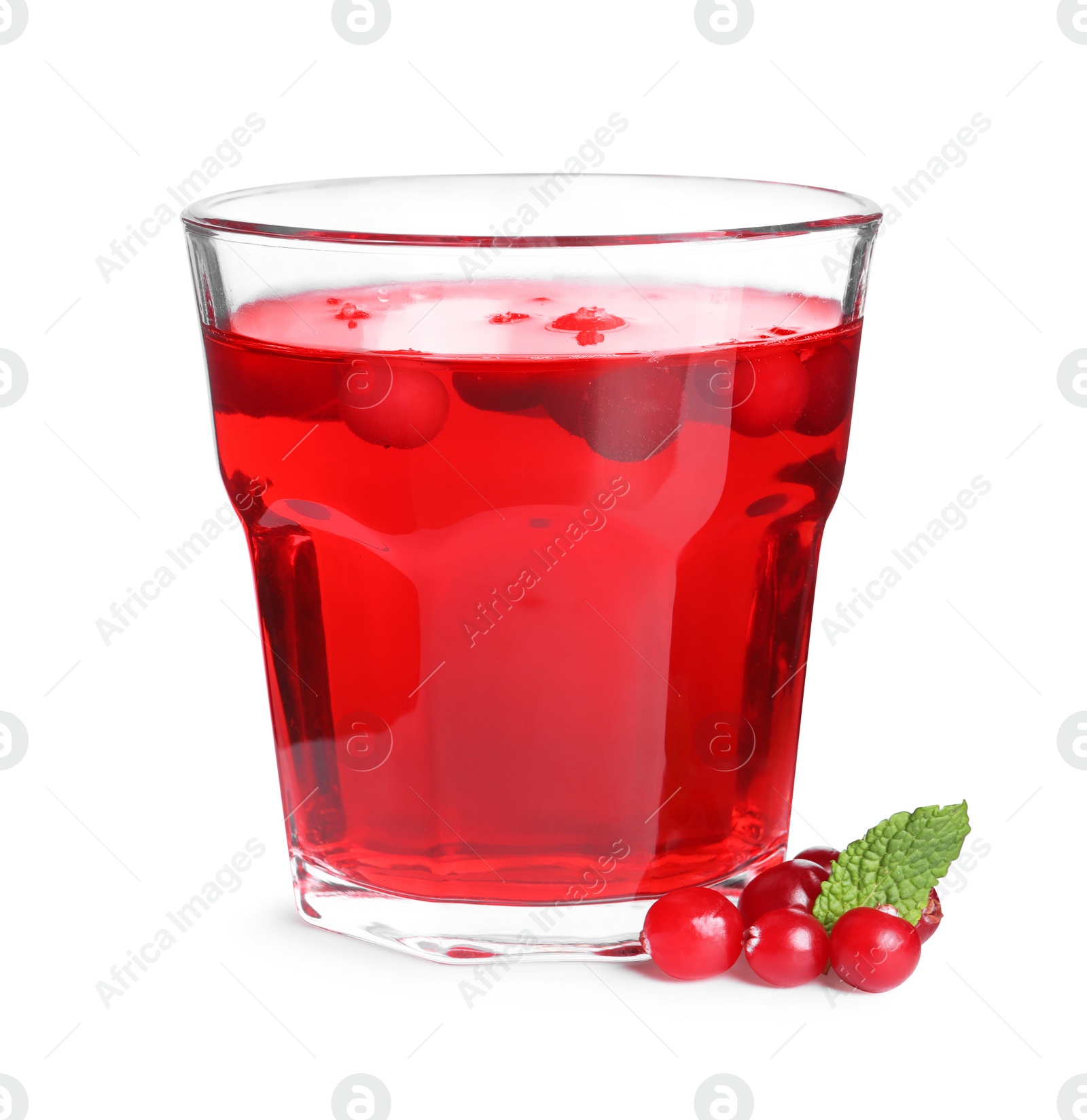 Photo of Tasty refreshing cranberry juice, mint and fresh berries isolated on white