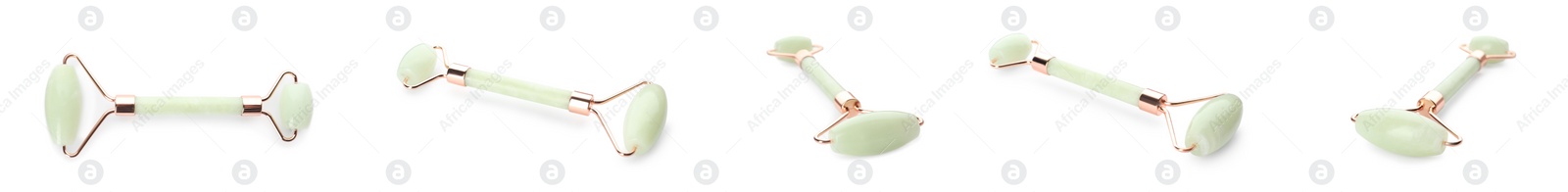 Image of Set with natural jade face rollers on white background. Banner design