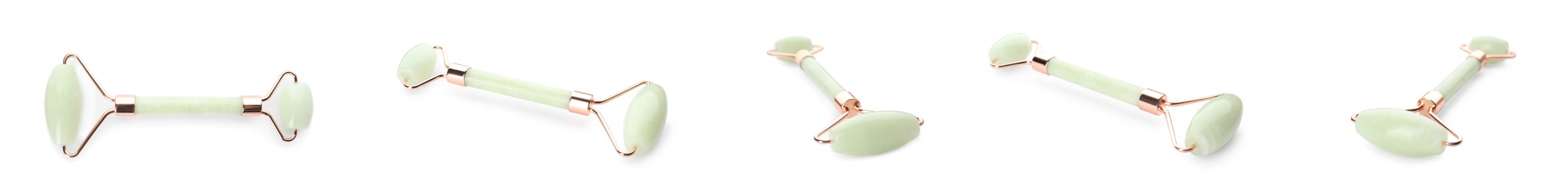 Image of Set with natural jade face rollers on white background. Banner design