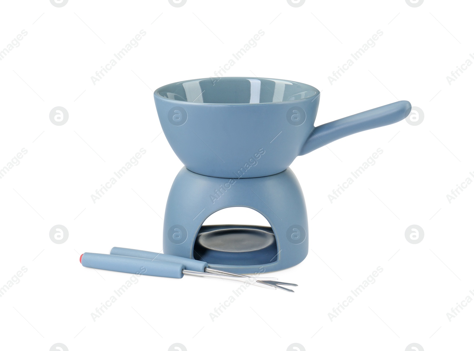 Photo of Fondue set isolated on white. Kitchen equipment