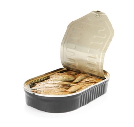Photo of Open tin can of sprats isolated on white