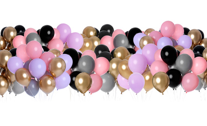 Image of Many color balloons on white background. Festive decor