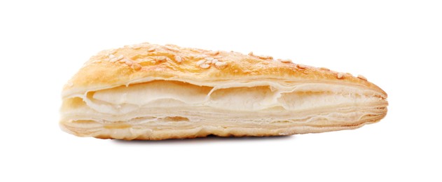 Puff pastry. One delicious fresh bun isolated on white